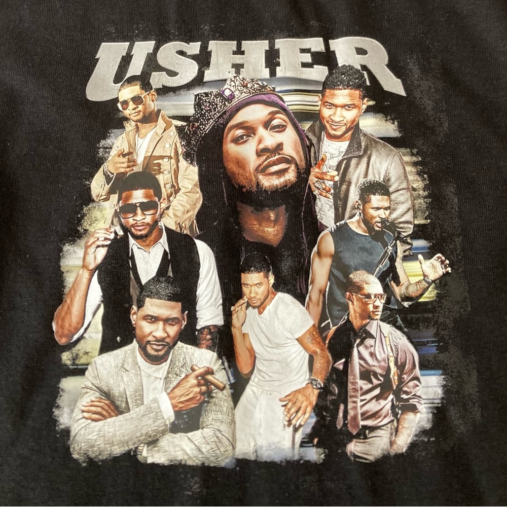 Usher Collage Hip Hop R&B Soul Rap Tee Women’s Black Size M NWT